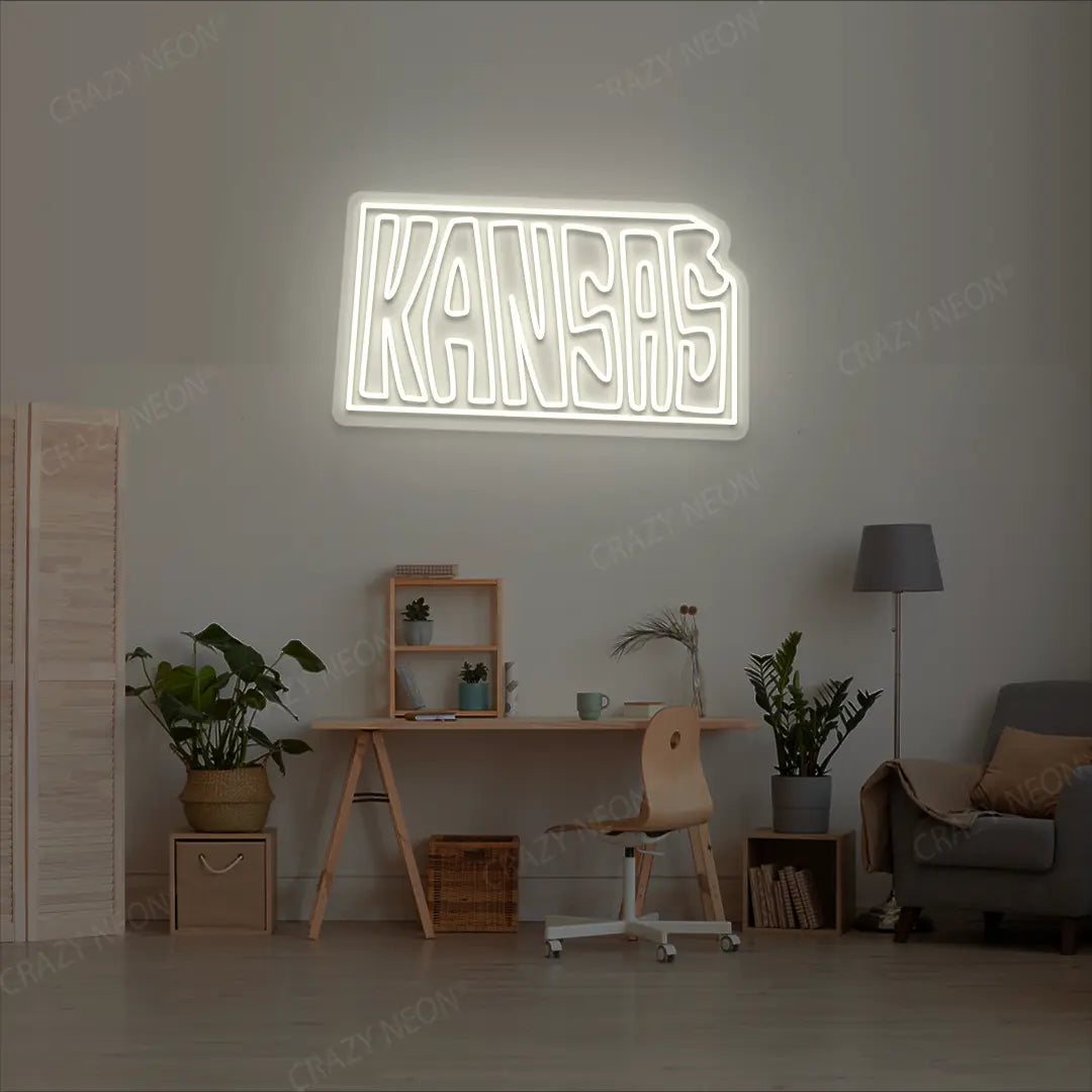 KANSAS Map Neon Sign lighting up in warmwhite color in a room