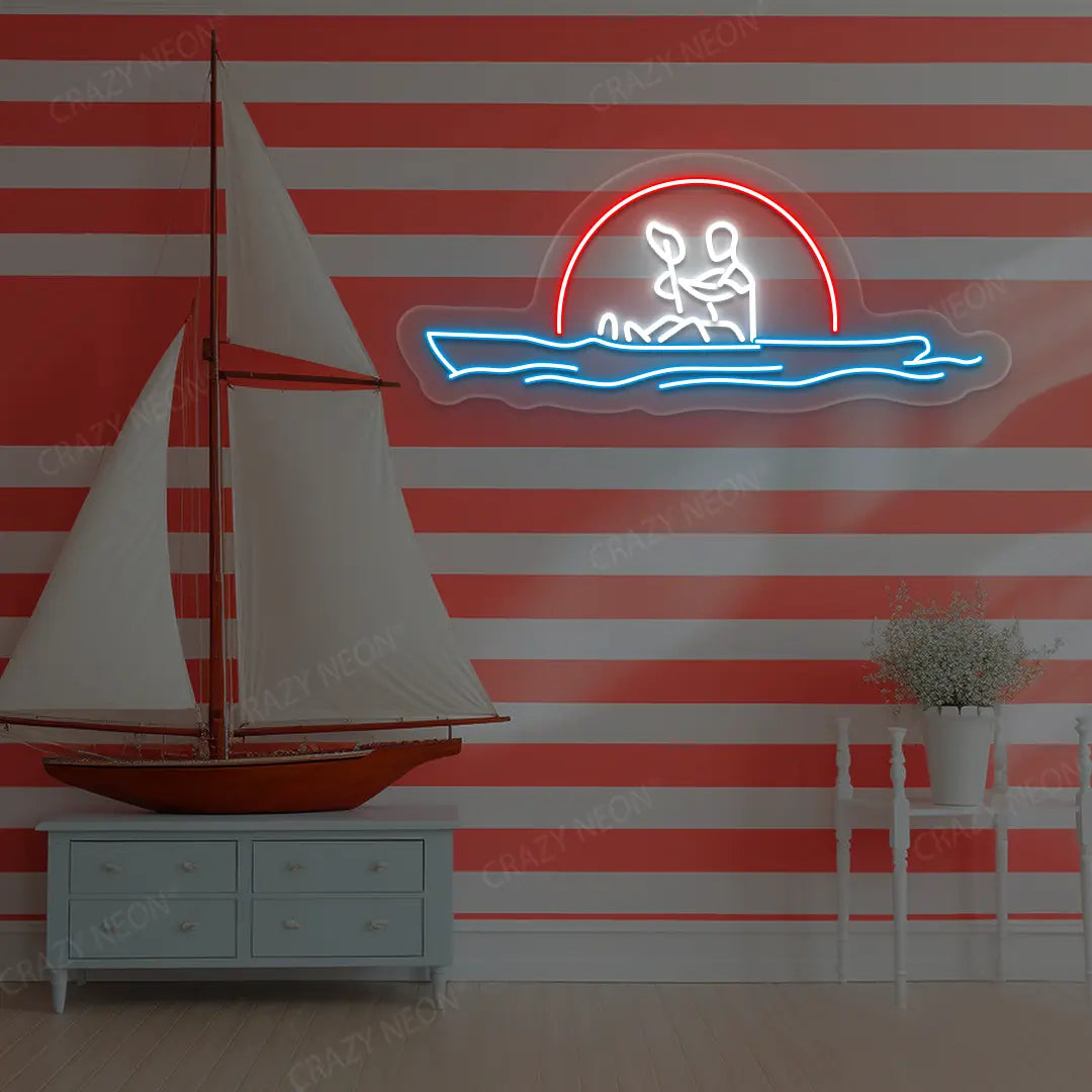 red white and ice blue sunset kayaking minimal neon sign mounted on a wall