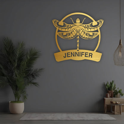 Dragonfly Custom Name Metal Monogram in golden finish