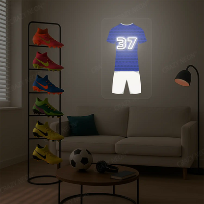 Blue football jersey neon artwork with number 37 glowing on a beige wall