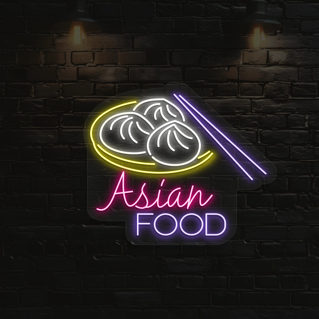 purple pink white and yellow bao asian food neon sign mounted on a wall