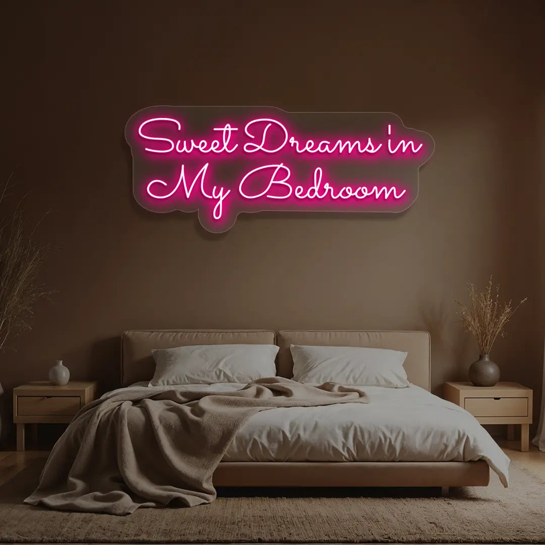 pink sweet dreams in my bedroom neon sign mounted on a wall