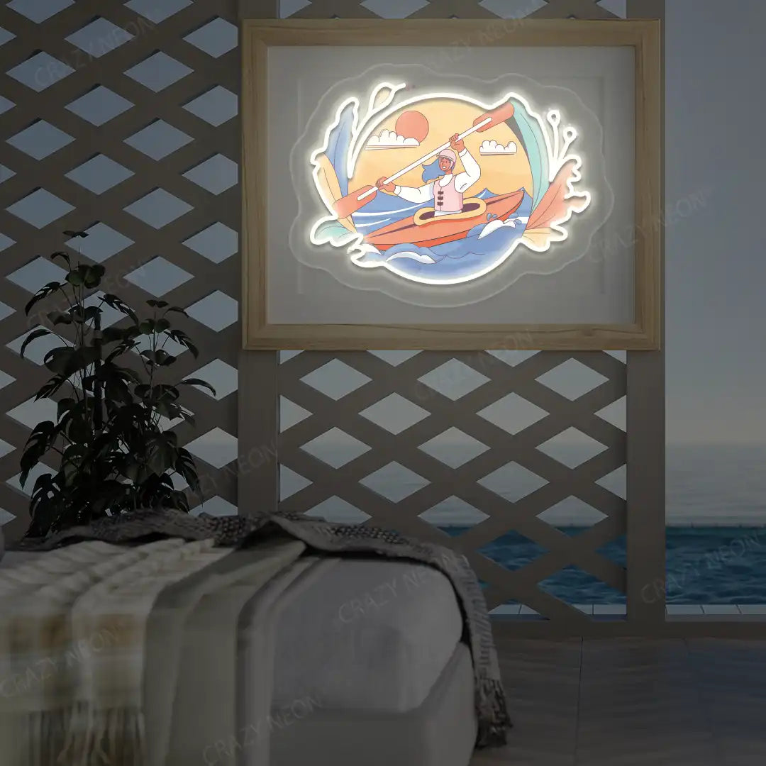 warm white kayak dreamscape neon artwork mounted on a wall