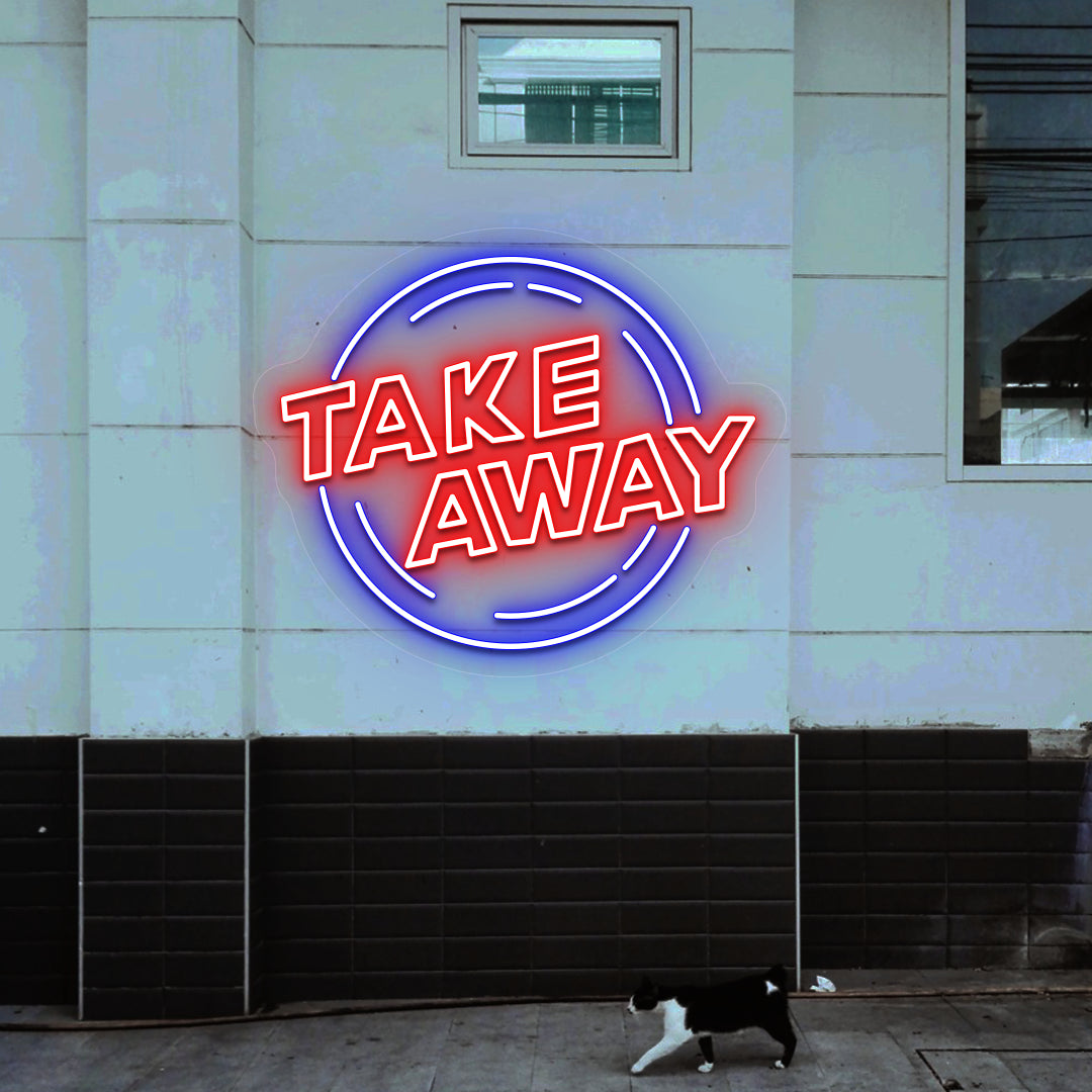 red and blue urban take away retro neon sign mounted on a wall
