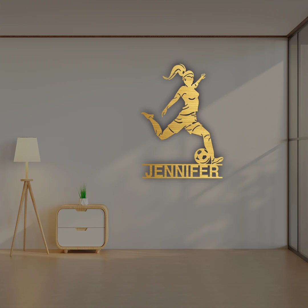 Girl Soccer Player Custom Metal Monogram in Golden finish