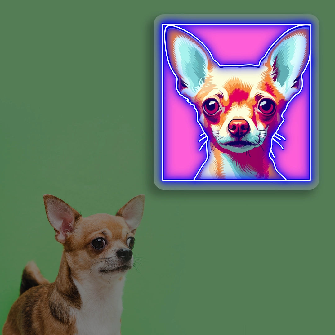 Pop Art Pink Chihuahua Neon Artwork in Blue Color
