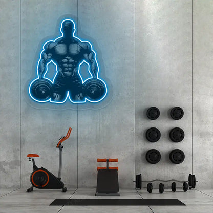 ice blue muscle man dumbbell gym neon artwork mounted on a wall
