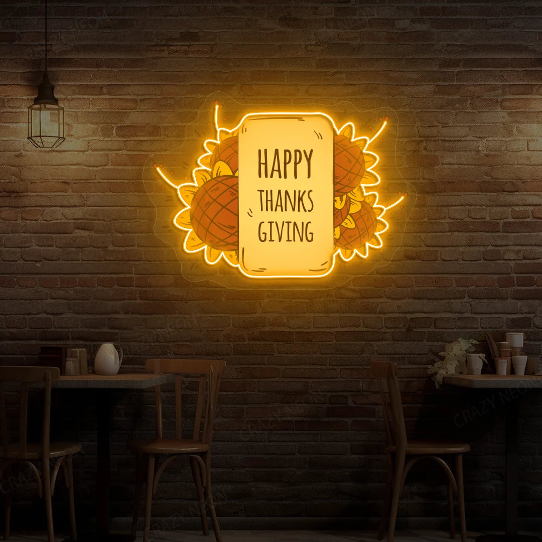 Happy thanksgiving sunflower neon sign in orange