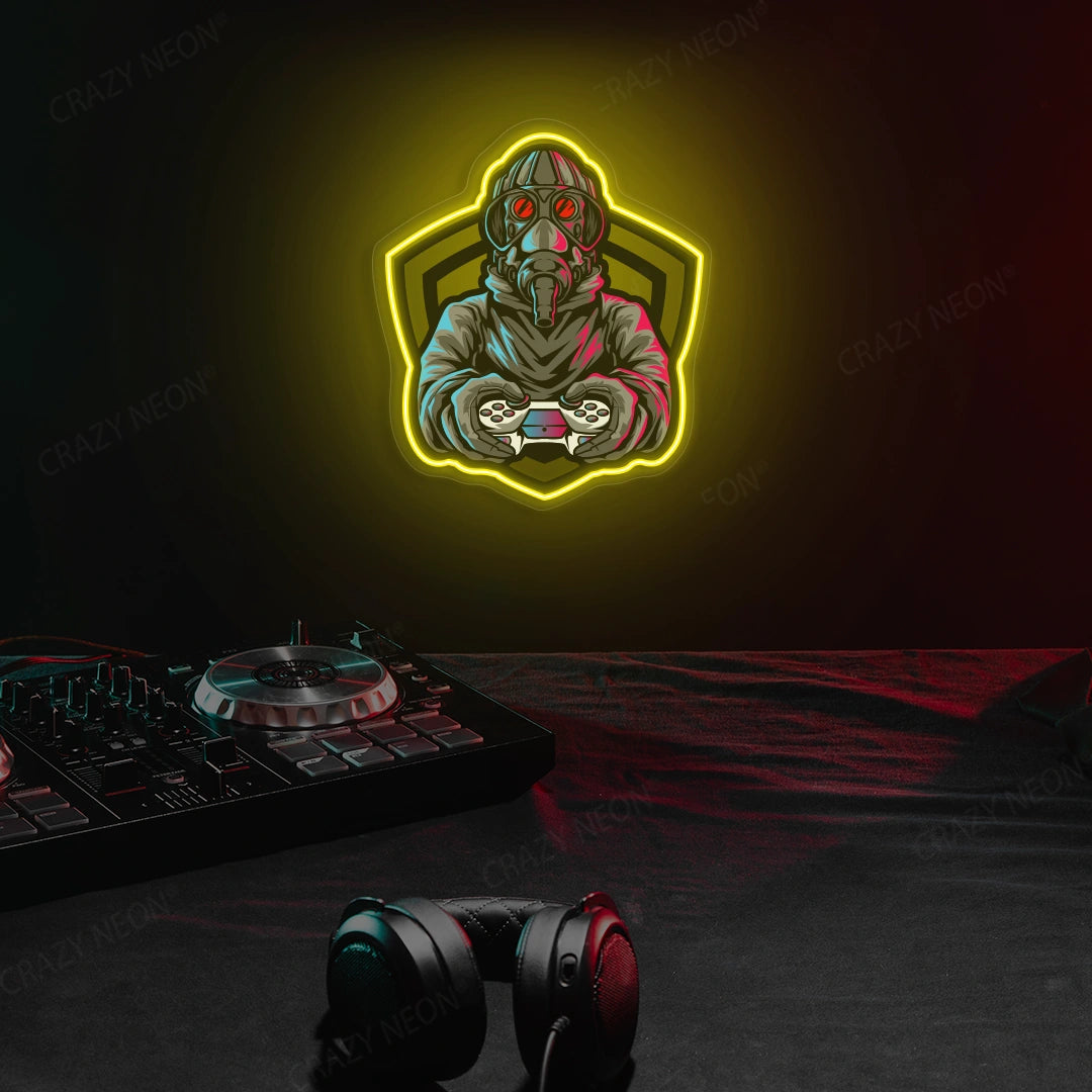 Gas Mask Soldier Gamer Neon Artwork in Yellow color