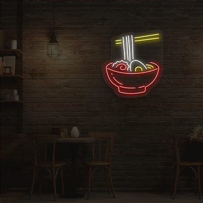 white yellow and red ramen vibes neon sign mounted on a wall