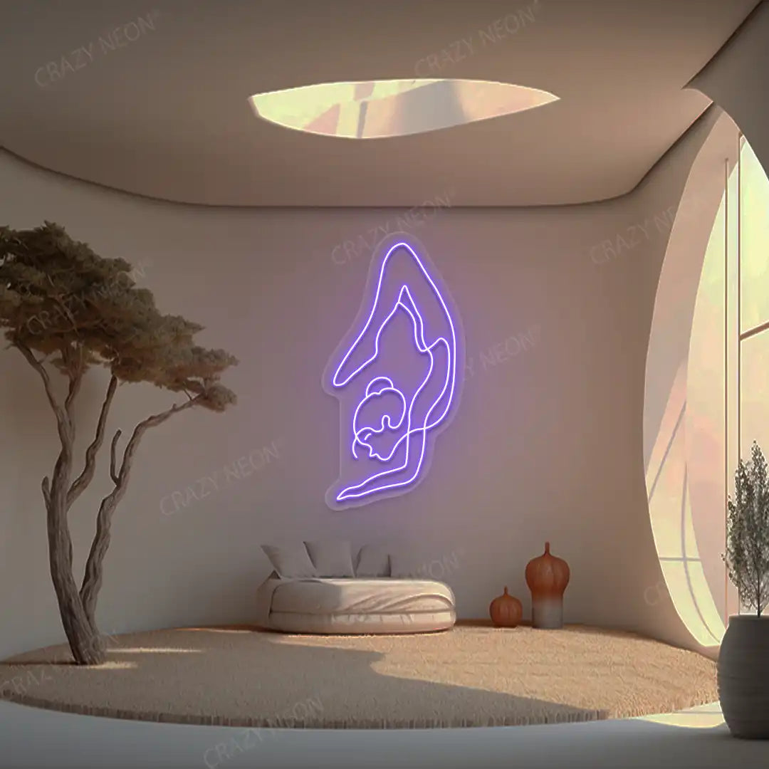 Purna Vrishchikasana Yoga Neon Sign glowing in purple color in a yoga room