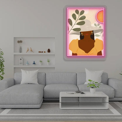 pink boho lady abstract Neon Artwork Sign mounted on a wall