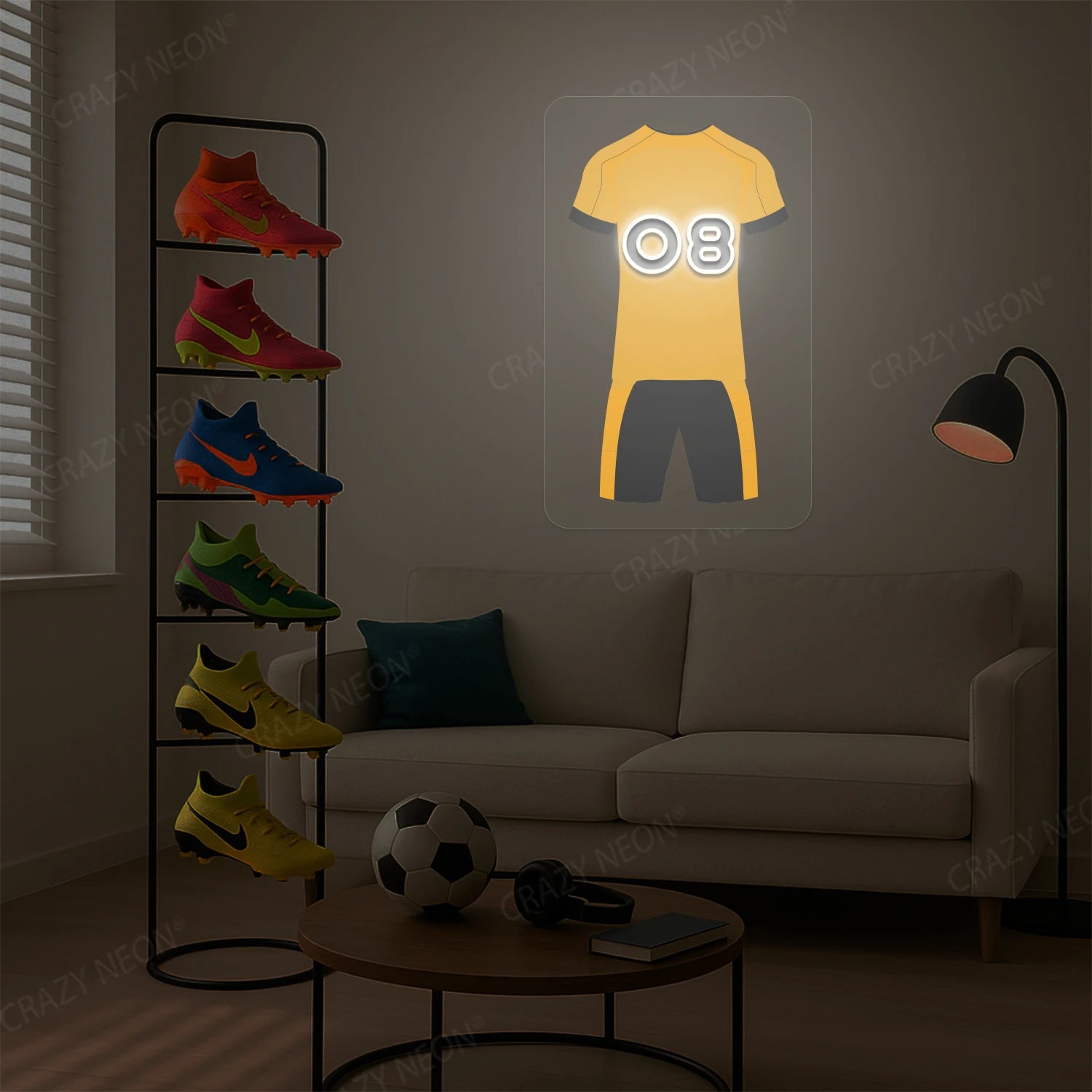Yellow football jersey neon artwork with number 08 glowing on a beige wall