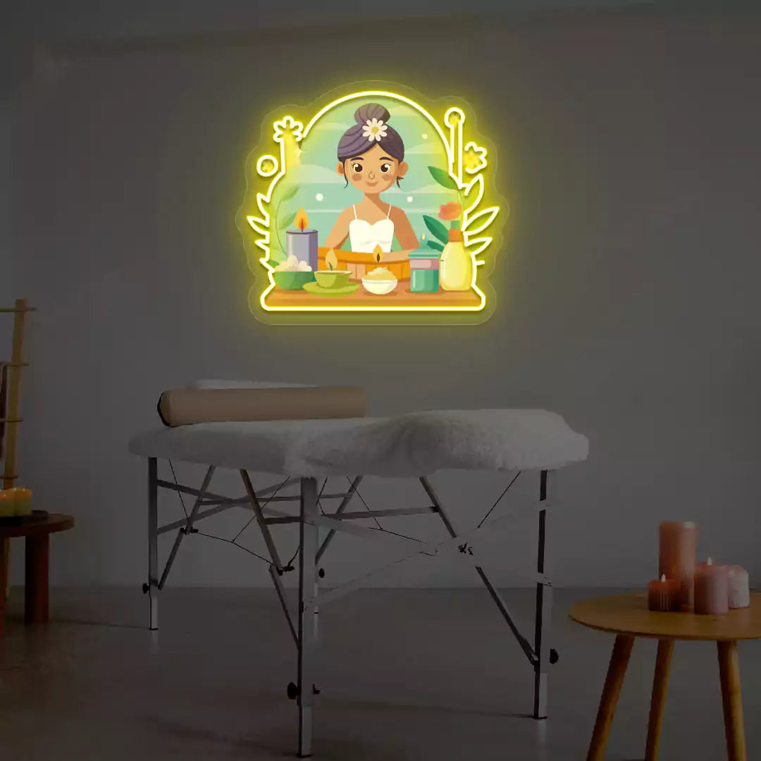 Spa Girl Neon Artwork lighting up in yellow color on a spa wall