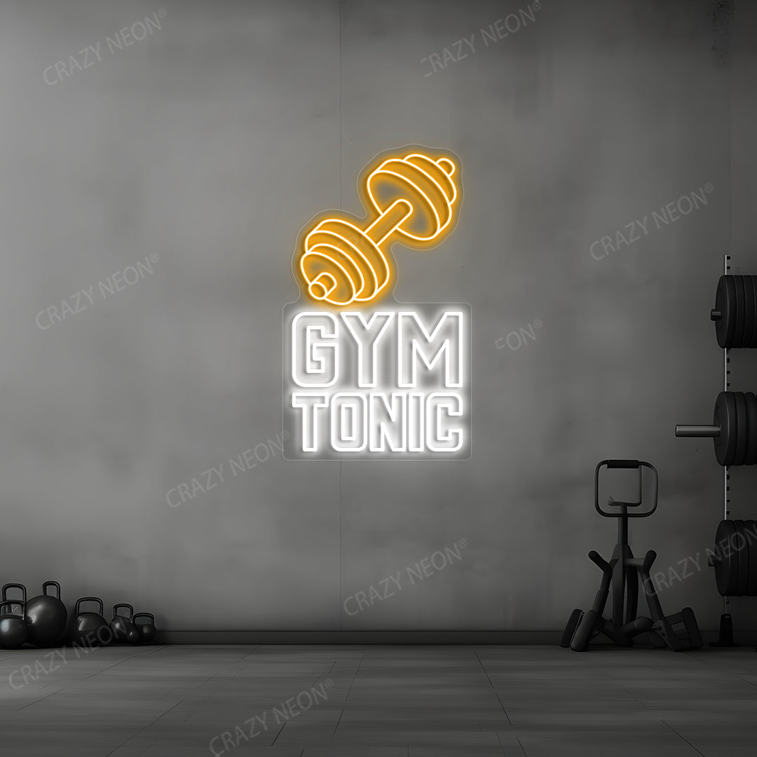 orange and white gym tonic barbell neon sign mounted on a wall
