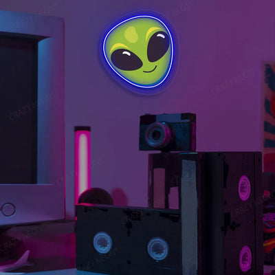 Alien Smiley Face Emoji Neon Artwork | Blue