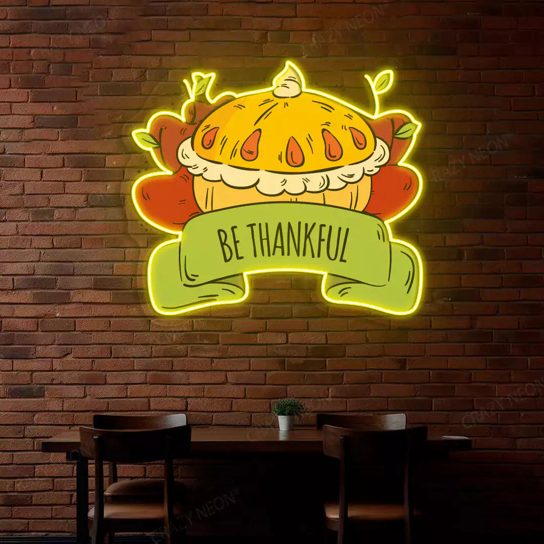 Be thankful apple pie neon sign in yellow