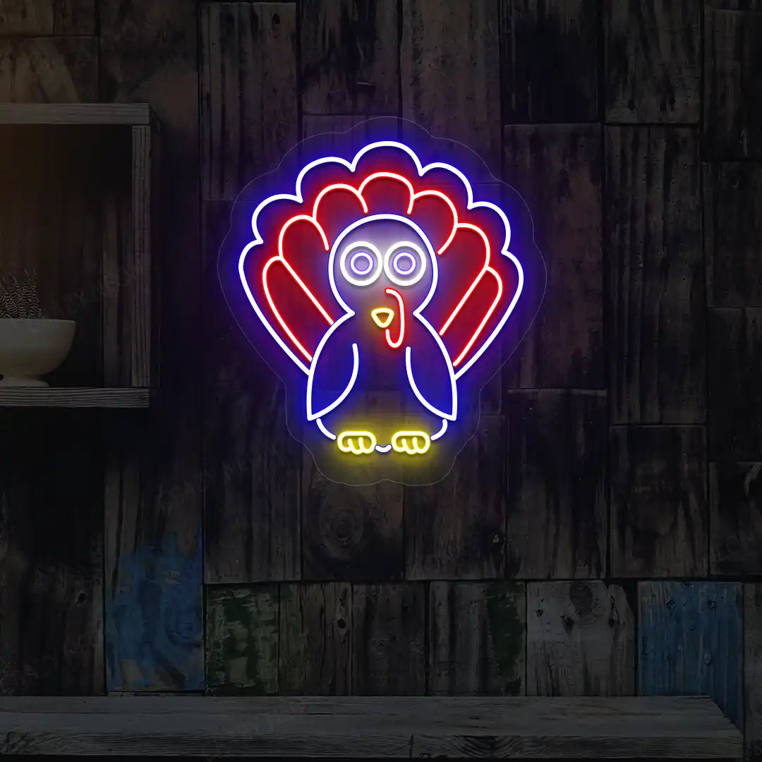 Vibrant thanksgiving turkey neon sign in blue and red.