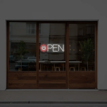 red flower open neon sign hanging on a window