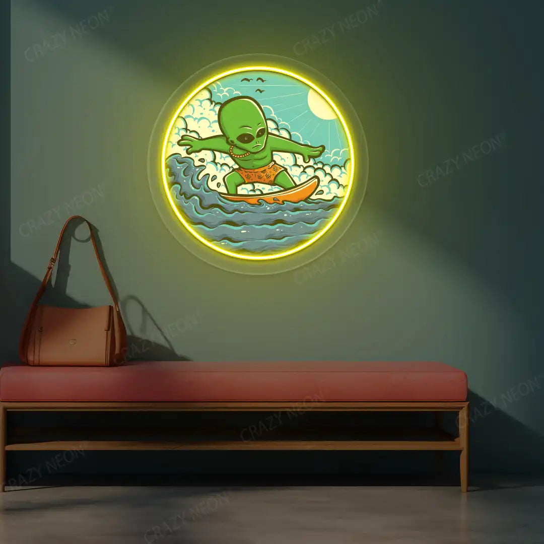yellow alien surfer neon artwork mounted on a wall
