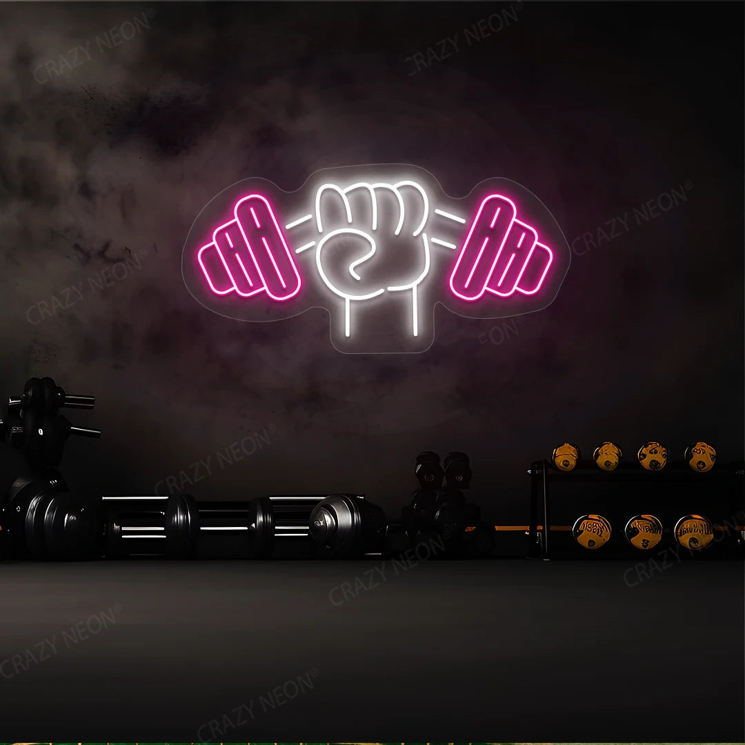 pink and white powerlift neon sign mounted on a wall