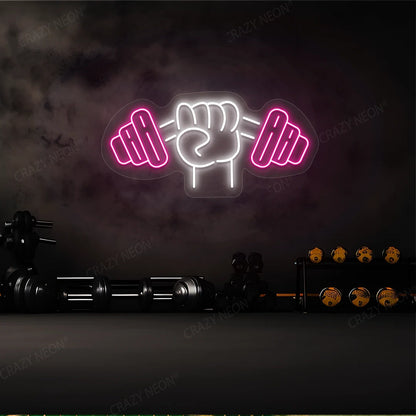 pink and white powerlift neon sign mounted on a wall
