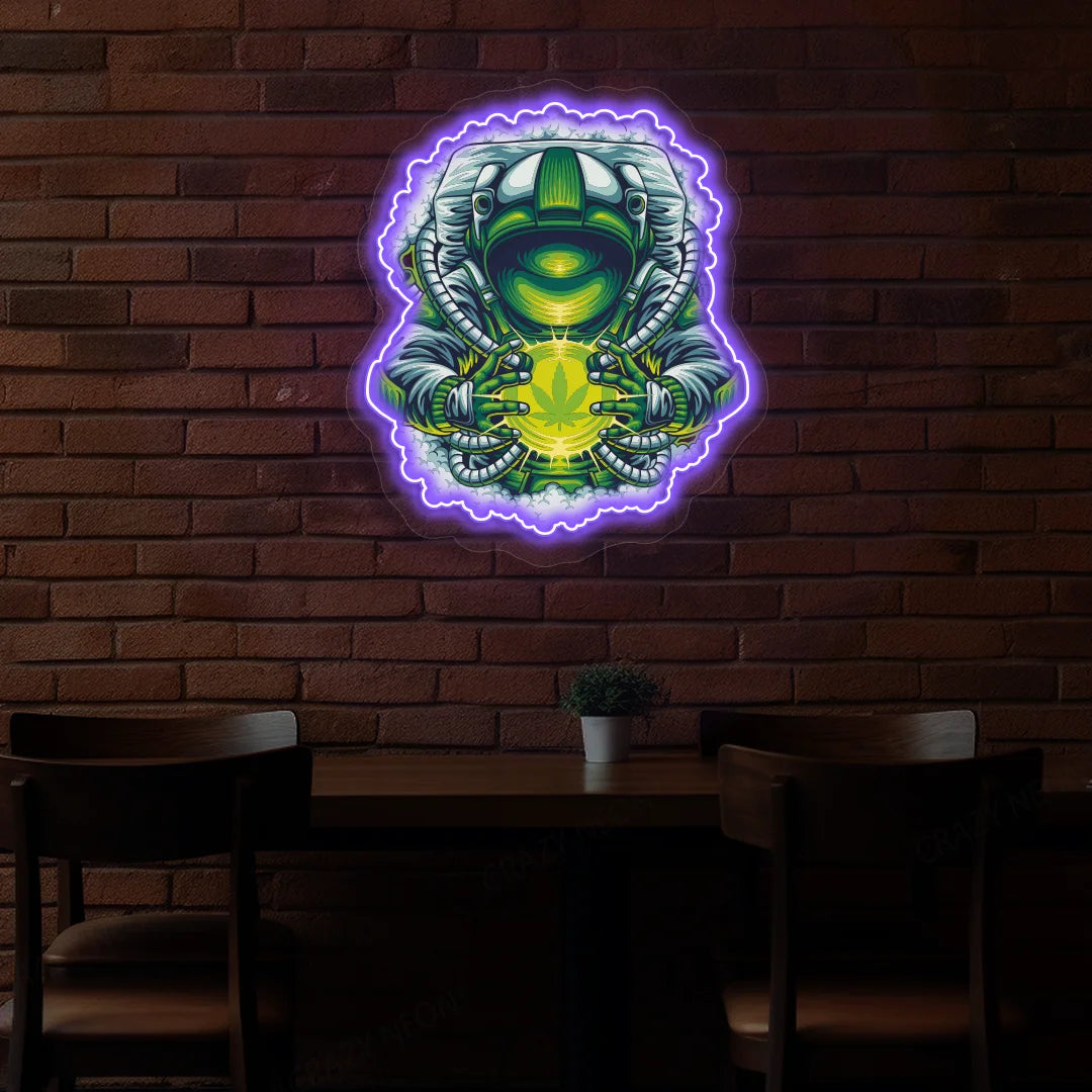 Cosmic Weed Astronaut Neon Artwork in Purple color