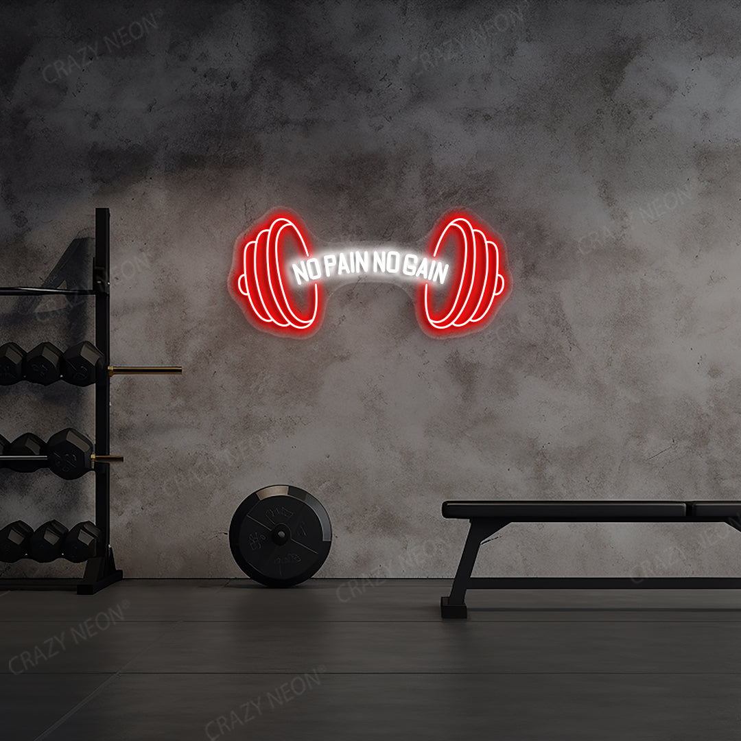 red and white no pain no gain gym neon sign mounted on a wall