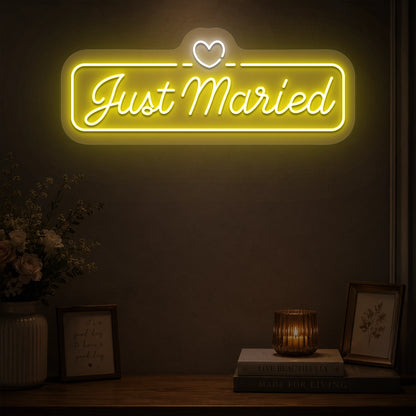 Just Married Heartbound Wedding Neon Sign in yellow color