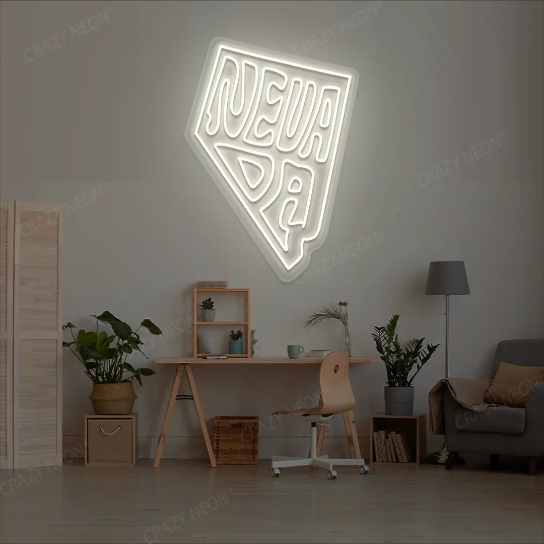 NEVADA Map Neon Sign lighting up in warmwhite color in a room