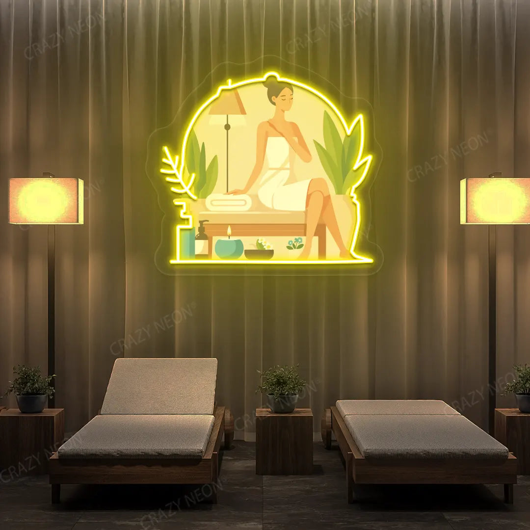 Spa Lounge Neon Artwork lighting up in yellow color in a spa room