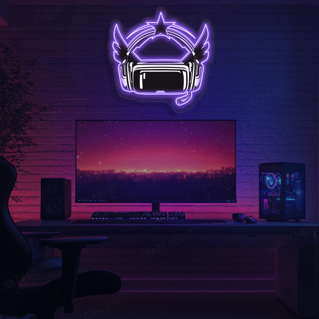 VR Powered Headphone Neon Artwork in Purple color