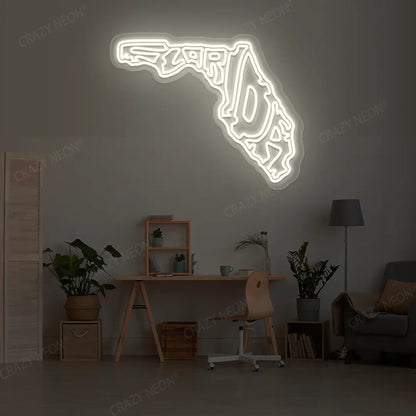 FLORIDA Map Neon Sign lighting up in warmwhite color in a room