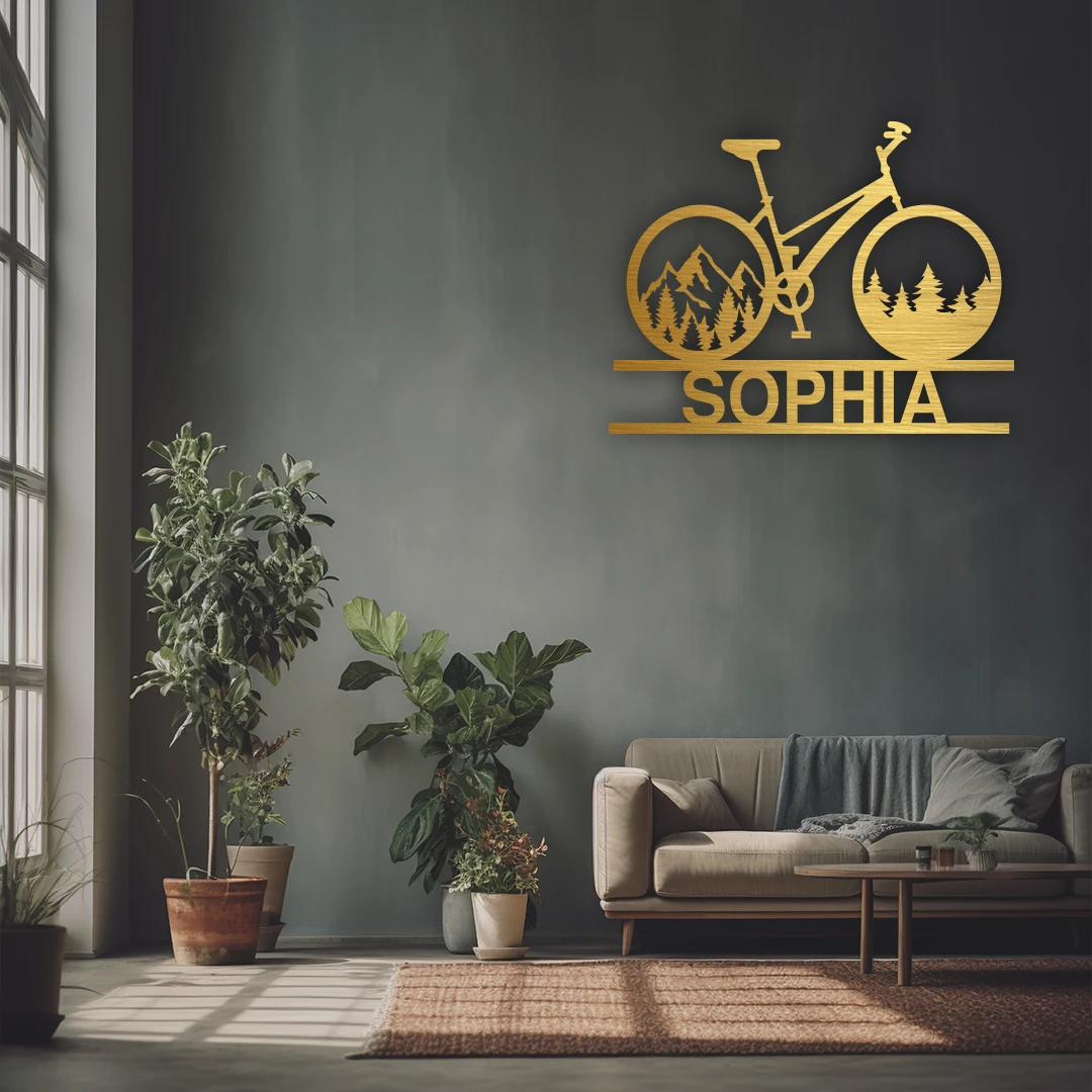 Mountain Bicycle Name Personalized Metal Monogram in Golden Finish