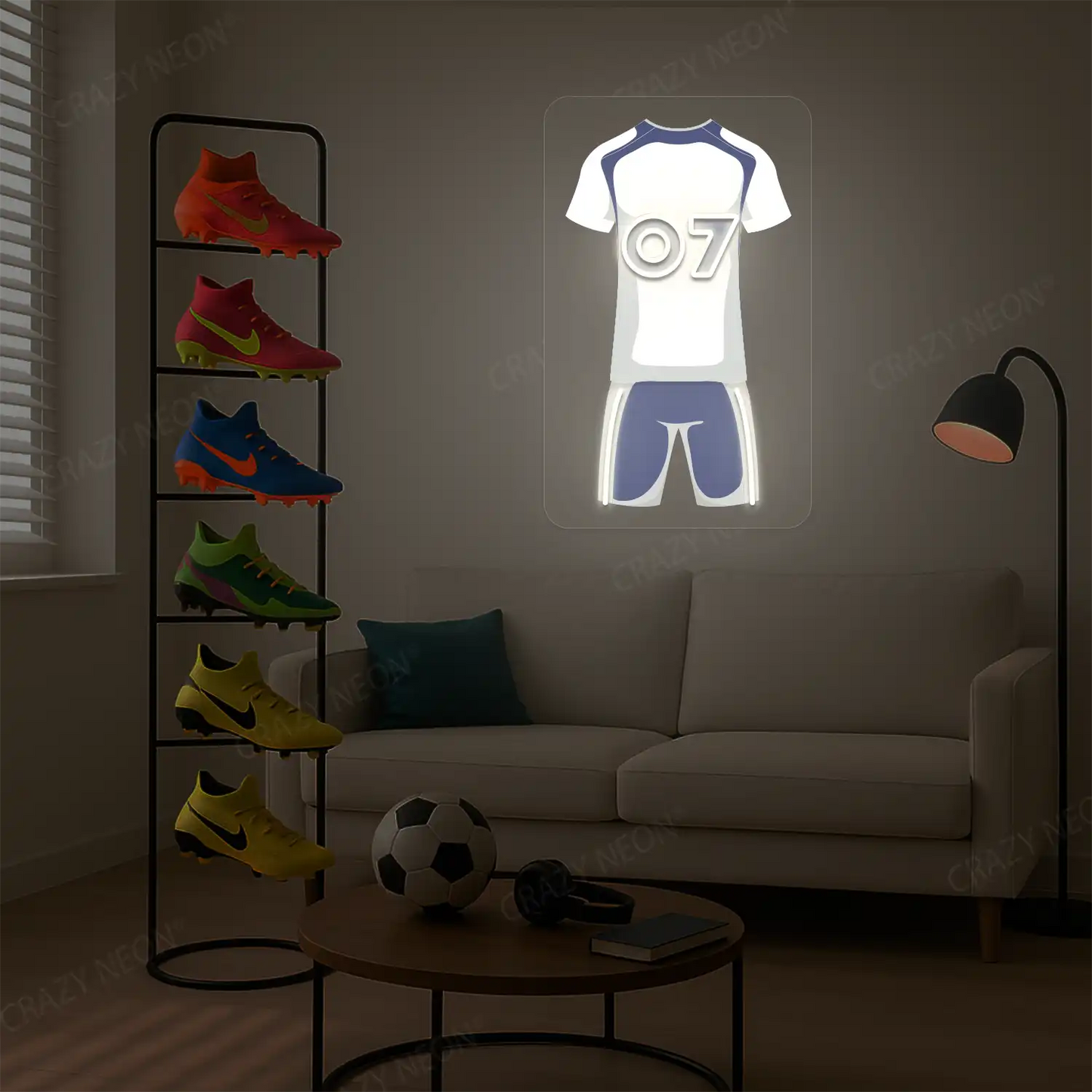White and navy blue football jersey neon artwork with number 07 glowing on a beige wall