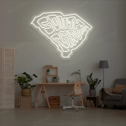 SOUTH CAROLINA Map Neon Sign lighting up in warmwhite color in a room