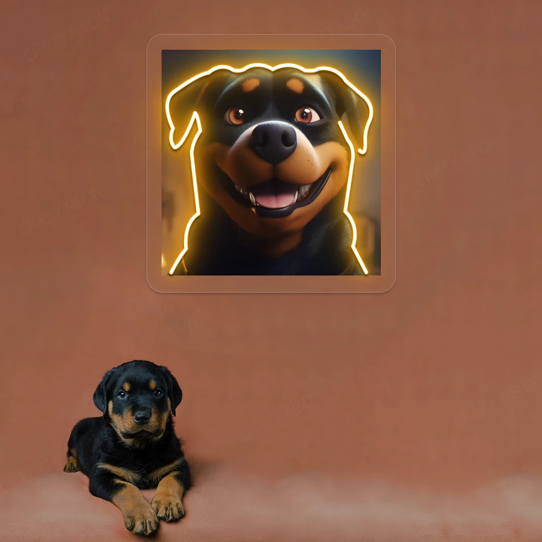 Rottweiler Puppy Face Neon Artwork in orange color