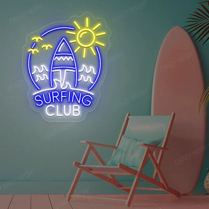 blue white and yellow surfing club beach neon sign mounted on a wall