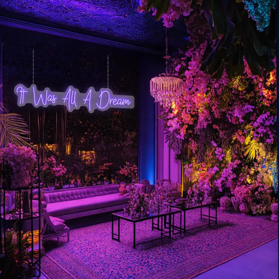 It Was All a Dream purple LED neon sign used as an event and party decor backdrop
