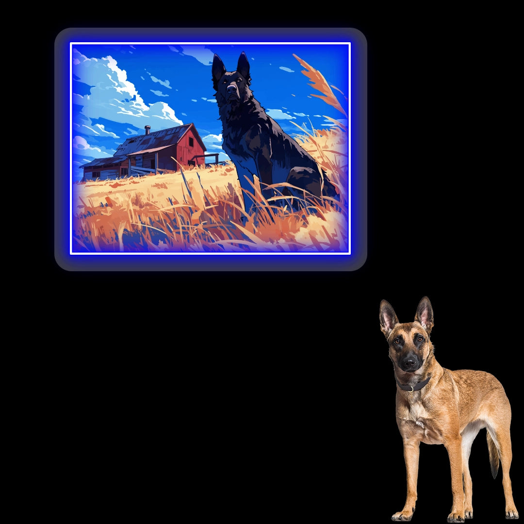 Golden Field German Shepherd Farm Neon Artwork In Blue Color