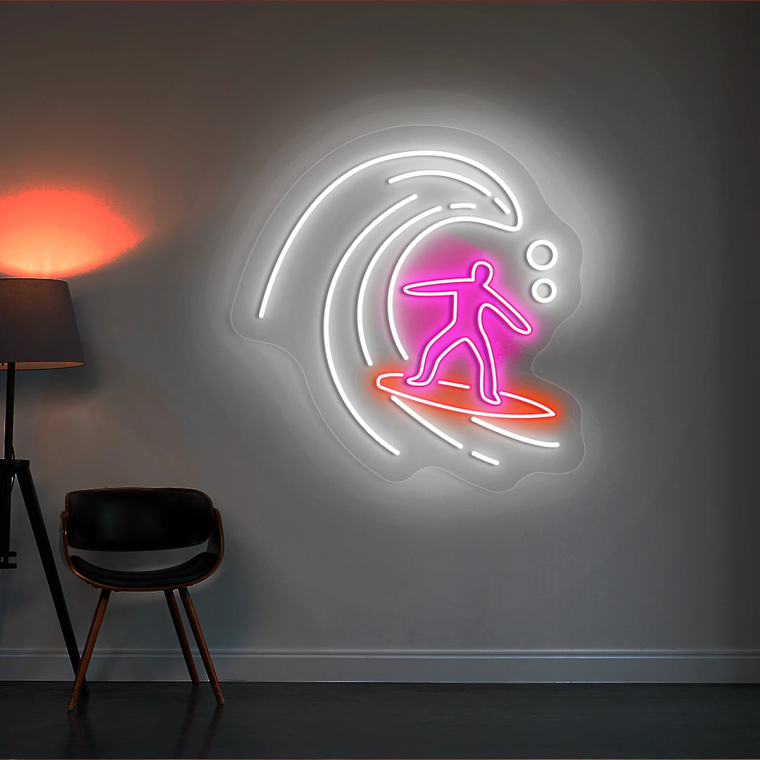white pink and red minimalist surfer neon sign mounted on a wall