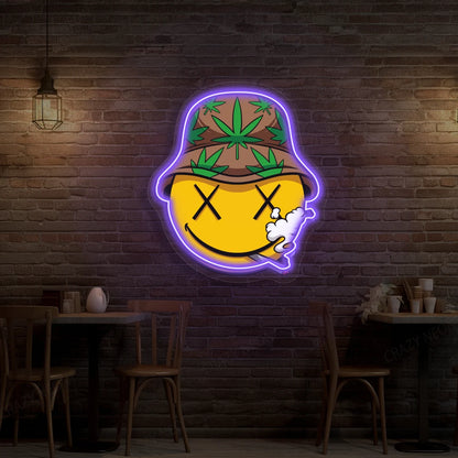 Smiley Stoner Weed Neon Artwork in Purple color
