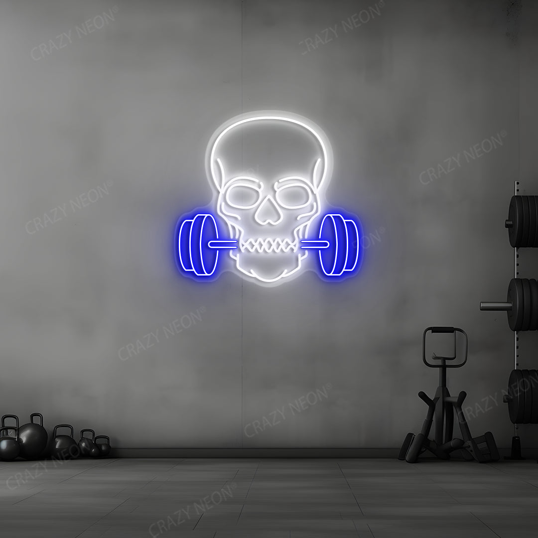 blue and white skull barbell gym neon sign mounted on a wall
