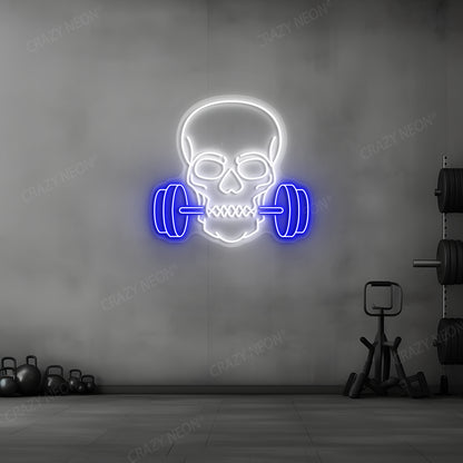 blue and white skull barbell gym neon sign mounted on a wall