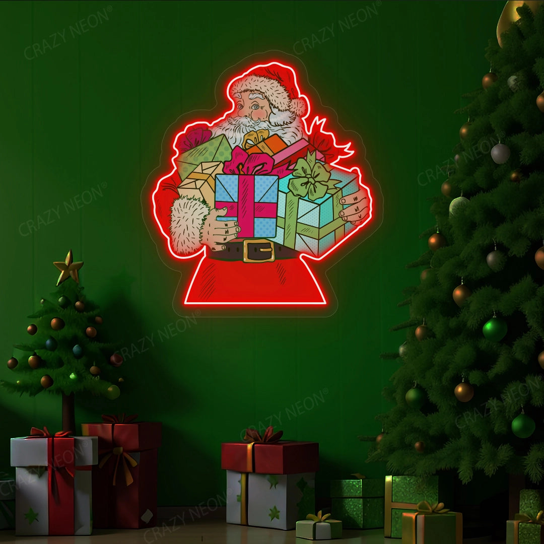 Santa Claus With Gift Neon Sign | Red