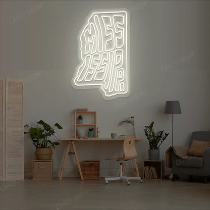 MISSISSIPPI Map Neon Sign lighting up in warmwhite color in a room