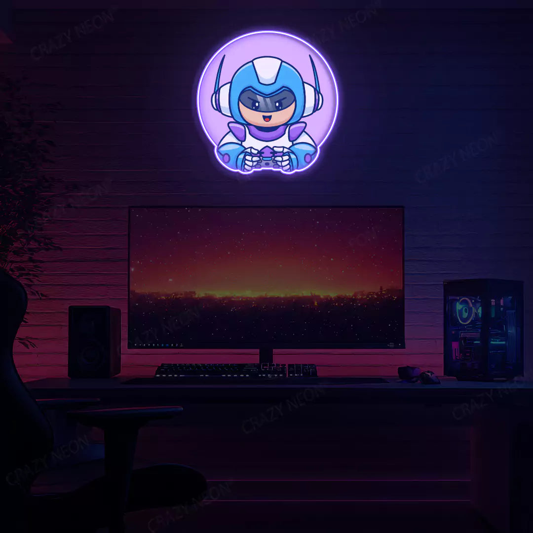 Kid Robot Gamer Neon Artwork in purple Colour Mounted on wall 
