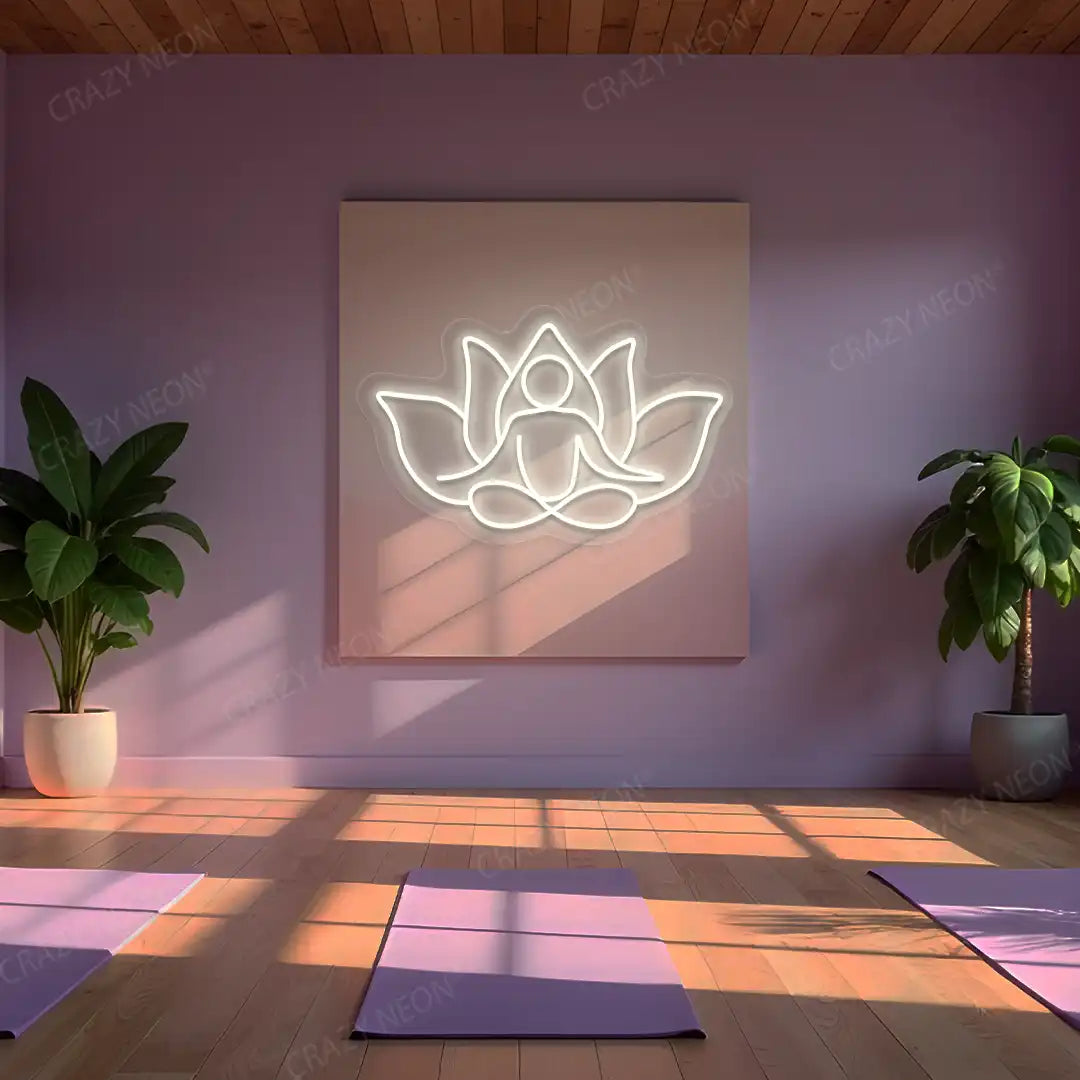 Lotus Meditation Neon Sign lighting up in warm white color in a yoga room