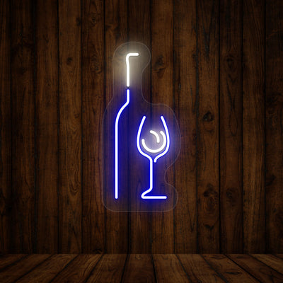 blue and white elegant wine glass and bottle bar neon sign mounted on a wall