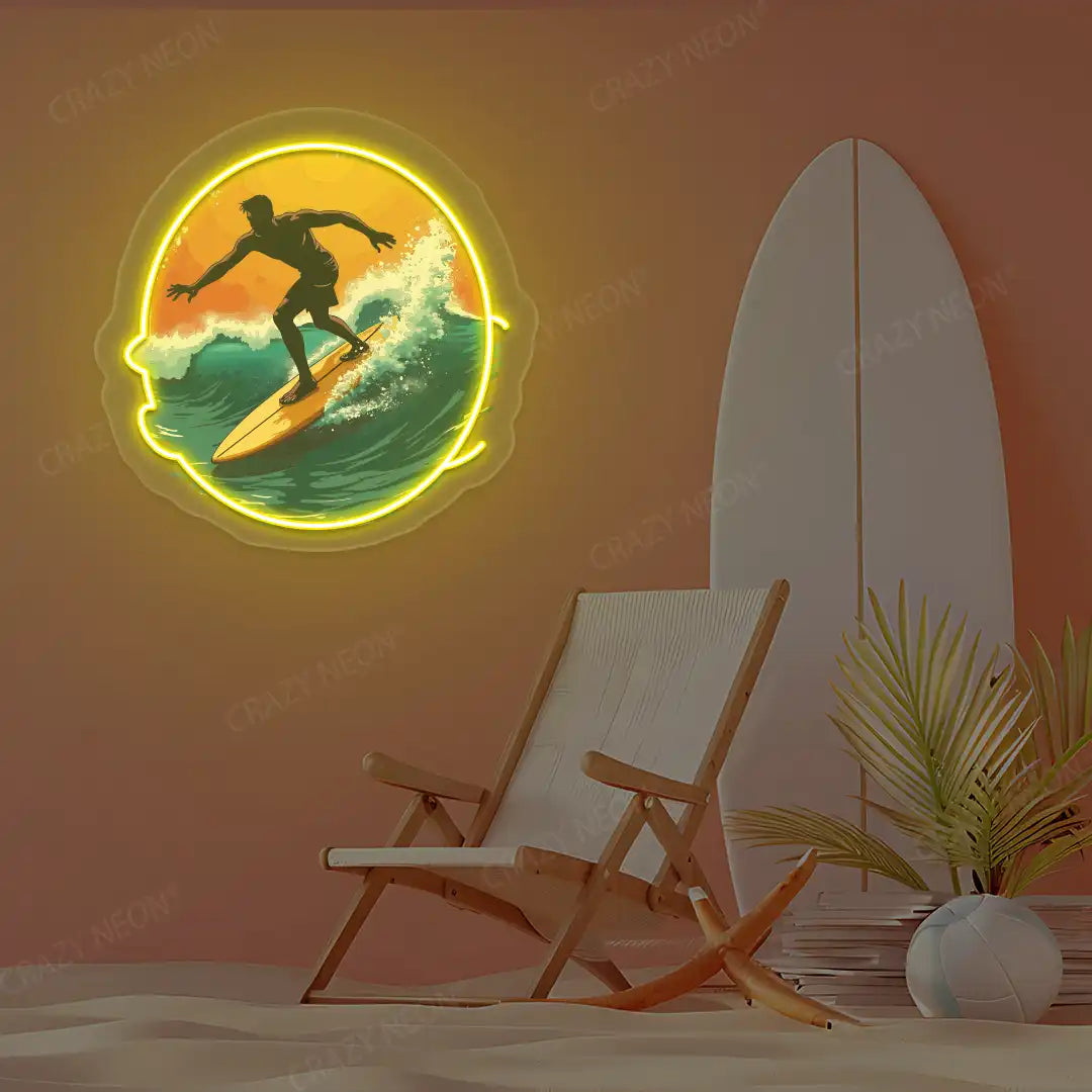 yellow surfer catching wave neon artwork mounted on a wall
